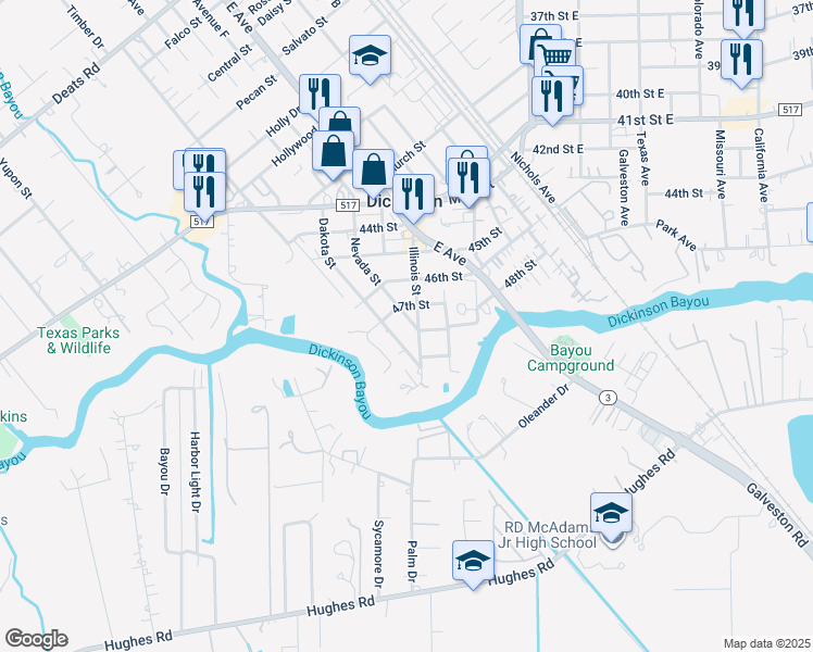 map of restaurants, bars, coffee shops, grocery stores, and more near 4718 Nevada Street in Dickinson
