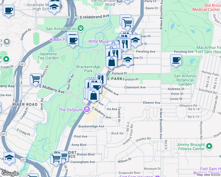 map of restaurants, bars, coffee shops, grocery stores, and more near 3304 Broadway in San Antonio