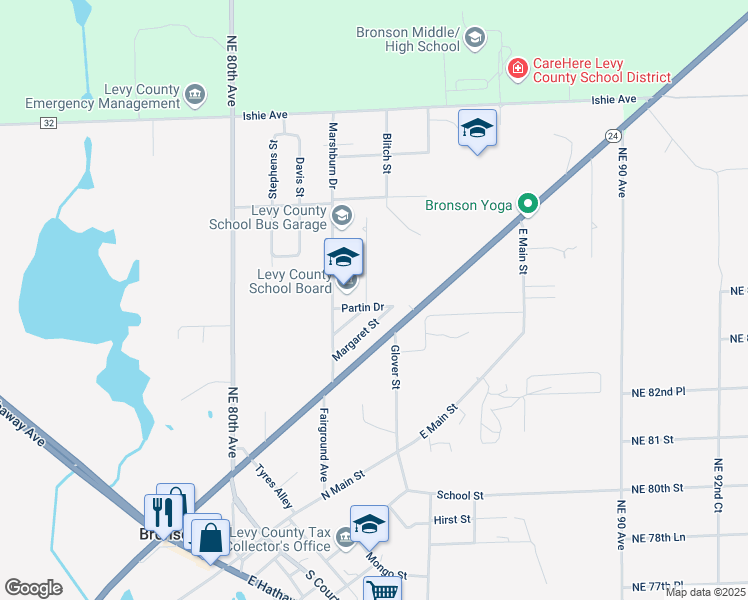 map of restaurants, bars, coffee shops, grocery stores, and more near 410 Paradise Lane in Bronson