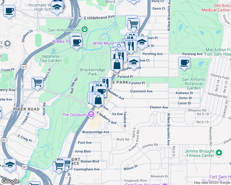 map of restaurants, bars, coffee shops, grocery stores, and more near 3304 Broadway in San Antonio