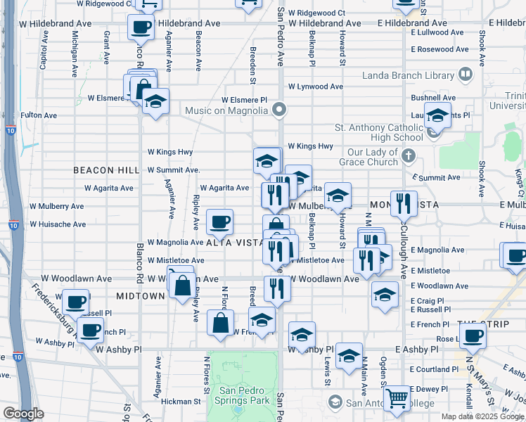 map of restaurants, bars, coffee shops, grocery stores, and more near 2411 San Pedro Avenue in San Antonio