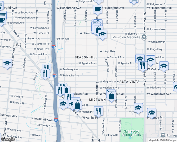 map of restaurants, bars, coffee shops, grocery stores, and more near 939 West Mulberry Avenue in San Antonio