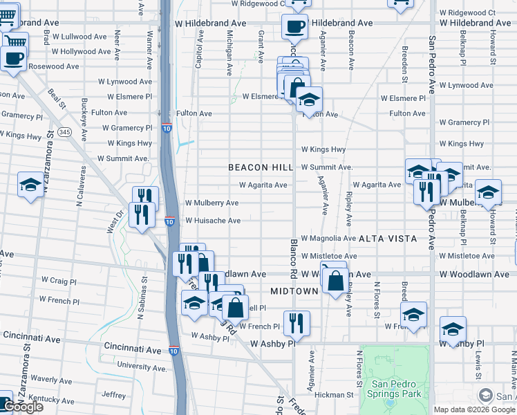 map of restaurants, bars, coffee shops, grocery stores, and more near 939 West Mulberry Avenue in San Antonio