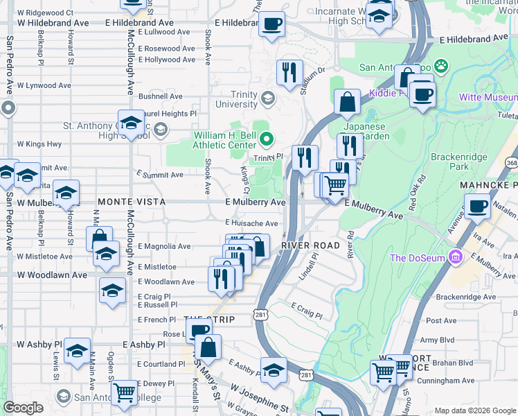 map of restaurants, bars, coffee shops, grocery stores, and more near 510 East Mulberry Avenue in San Antonio