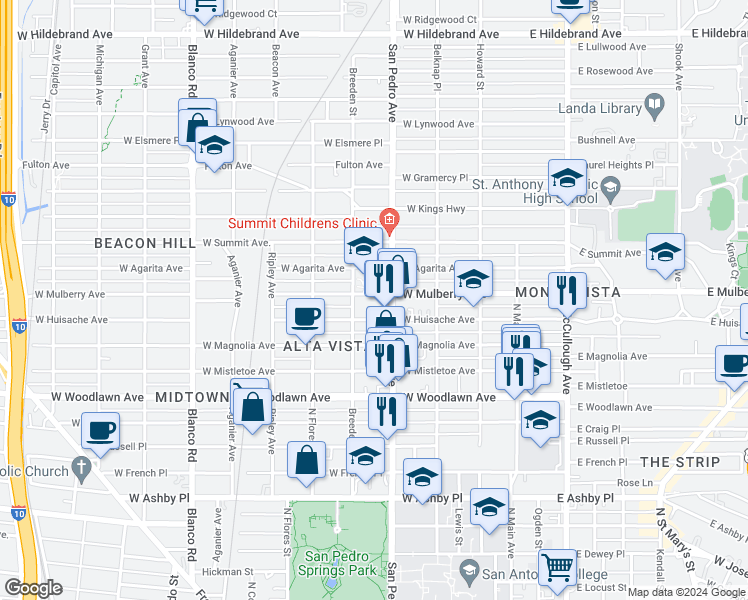 map of restaurants, bars, coffee shops, grocery stores, and more near 2411 San Pedro Avenue in San Antonio