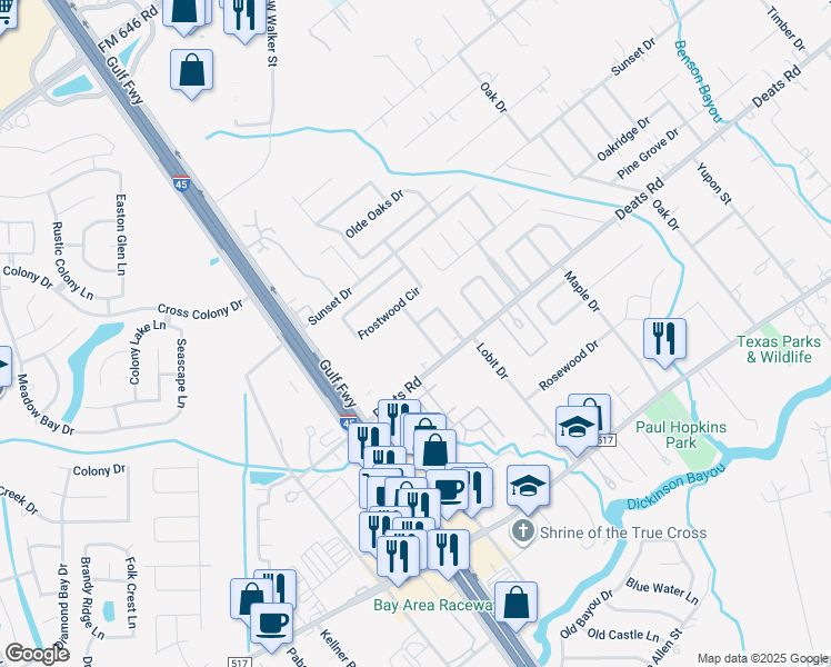 map of restaurants, bars, coffee shops, grocery stores, and more near 3022 Inwood Drive in Dickinson