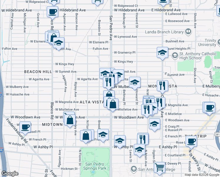 map of restaurants, bars, coffee shops, grocery stores, and more near 2402 San Pedro Avenue in San Antonio