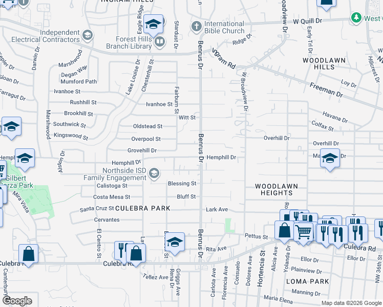 map of restaurants, bars, coffee shops, grocery stores, and more near 5018 Penrose Street in San Antonio