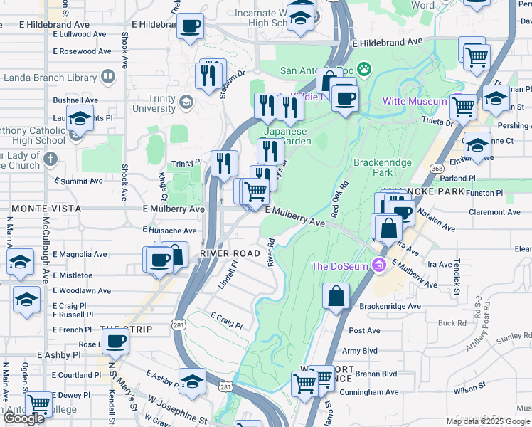 map of restaurants, bars, coffee shops, grocery stores, and more near 819 East Mulberry Avenue in San Antonio