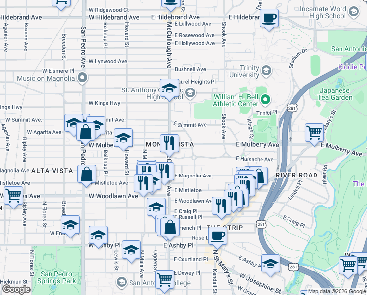 map of restaurants, bars, coffee shops, grocery stores, and more near 235 East Mulberry Avenue in San Antonio