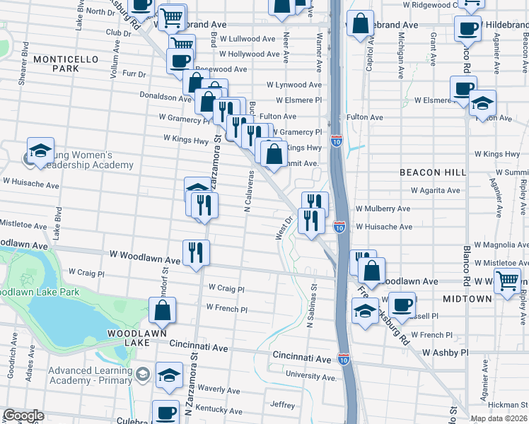 map of restaurants, bars, coffee shops, grocery stores, and more near 1524 West Mulberry Avenue in San Antonio