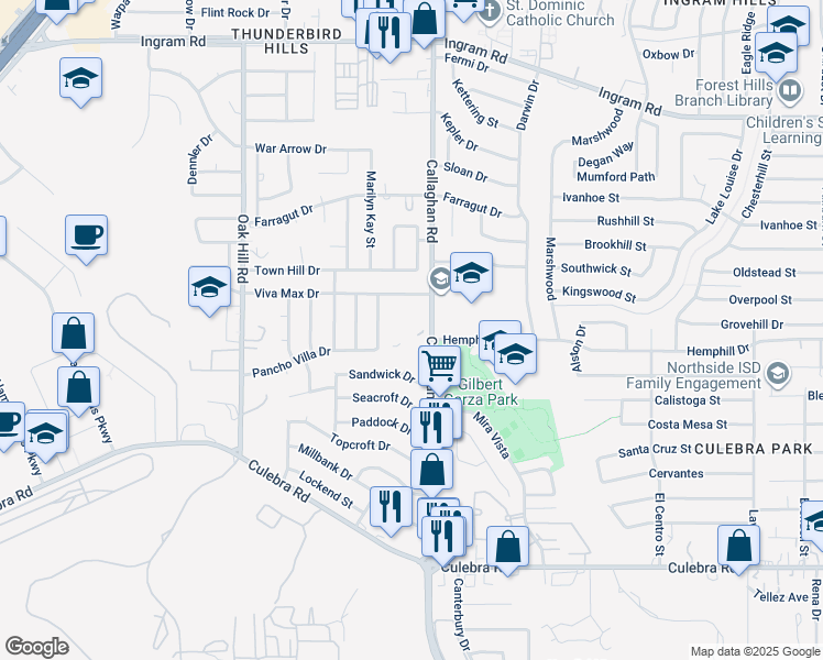 map of restaurants, bars, coffee shops, grocery stores, and more near 3631 Callaghan Road in San Antonio