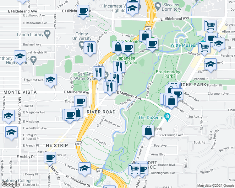 map of restaurants, bars, coffee shops, grocery stores, and more near 819 East Mulberry Avenue in San Antonio