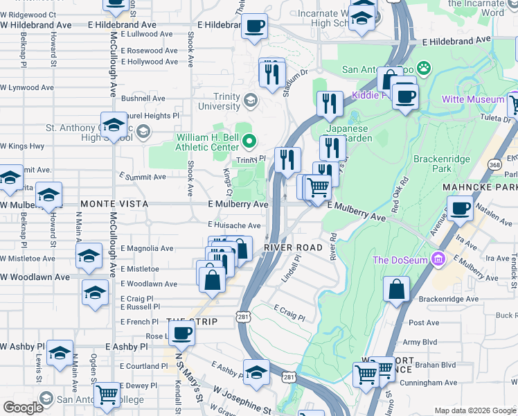 map of restaurants, bars, coffee shops, grocery stores, and more near in San Antonio