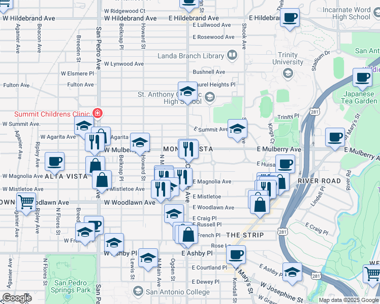 map of restaurants, bars, coffee shops, grocery stores, and more near 201 East Mulberry Avenue in San Antonio