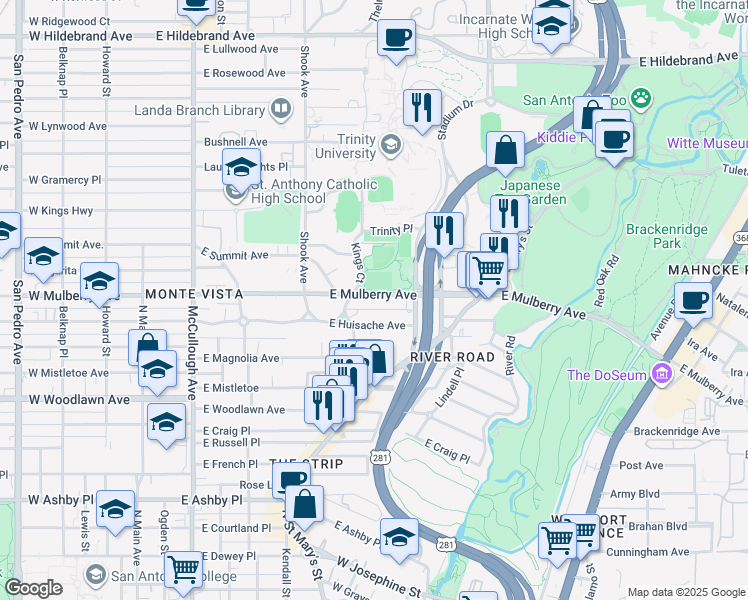 map of restaurants, bars, coffee shops, grocery stores, and more near 510 East Mulberry Avenue in San Antonio