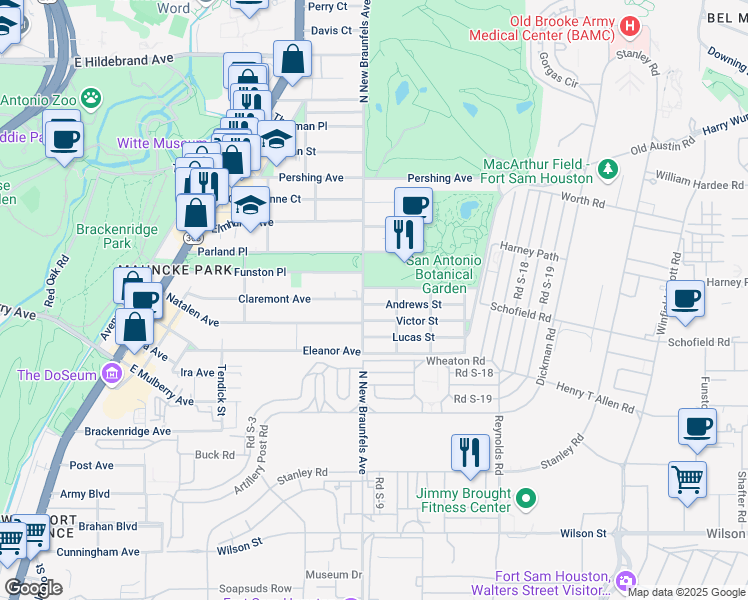 map of restaurants, bars, coffee shops, grocery stores, and more near 109 Andrews Street in San Antonio