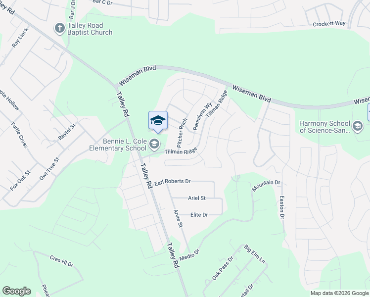 map of restaurants, bars, coffee shops, grocery stores, and more near 2302 Pennilynn Way in San Antonio