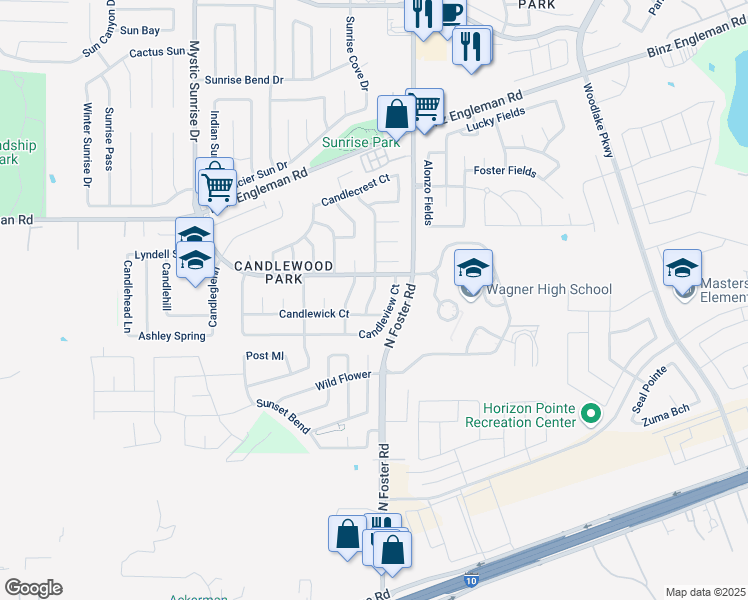 map of restaurants, bars, coffee shops, grocery stores, and more near 2922 Candleside Drive in San Antonio