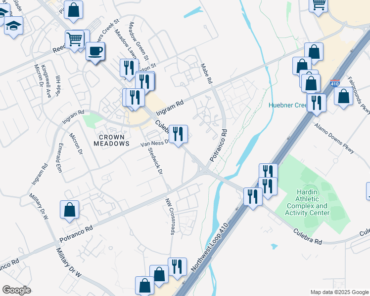 map of restaurants, bars, coffee shops, grocery stores, and more near 7219 Culebra Road in San Antonio