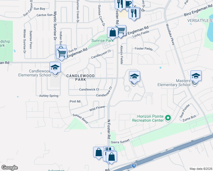 map of restaurants, bars, coffee shops, grocery stores, and more near 2922 Candleside Drive in San Antonio