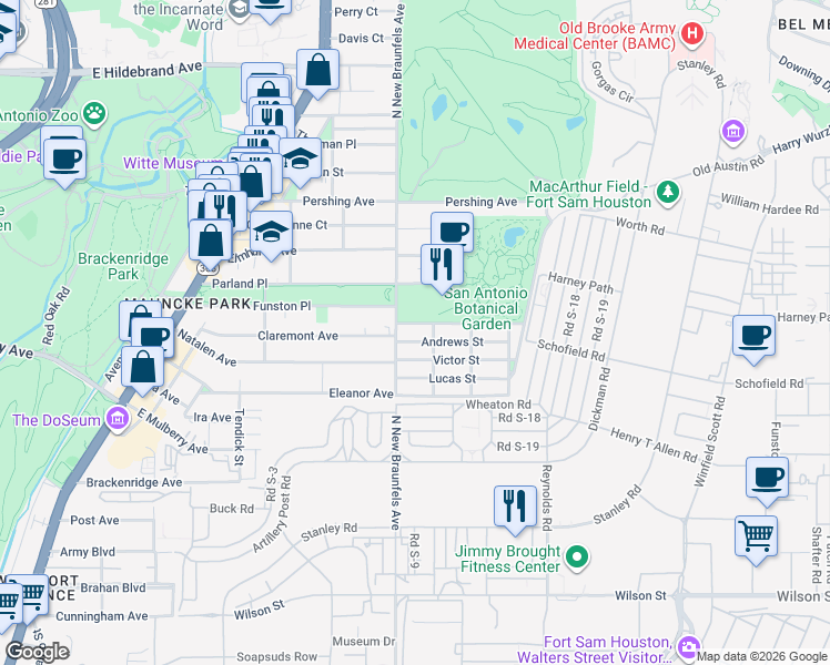 map of restaurants, bars, coffee shops, grocery stores, and more near 113 Andrews Street in San Antonio