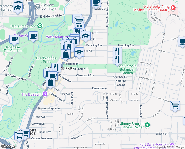 map of restaurants, bars, coffee shops, grocery stores, and more near 263 Claremont Avenue in San Antonio