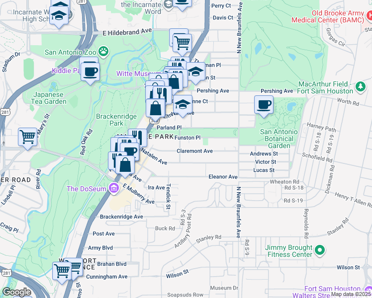 map of restaurants, bars, coffee shops, grocery stores, and more near 214 Milton Street in San Antonio