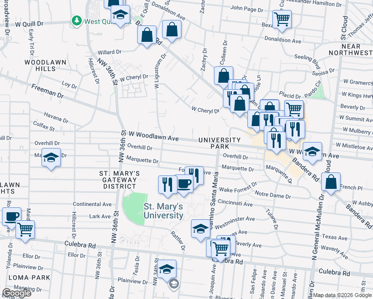 map of restaurants, bars, coffee shops, grocery stores, and more near 3338 West Woodlawn Avenue in San Antonio