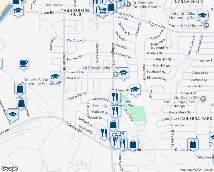 map of restaurants, bars, coffee shops, grocery stores, and more near 3631 Callaghan Road in San Antonio