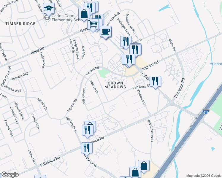 map of restaurants, bars, coffee shops, grocery stores, and more near 7831 Sunrise Cay in San Antonio