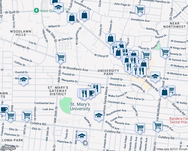 map of restaurants, bars, coffee shops, grocery stores, and more near 3338 West Woodlawn Avenue in San Antonio