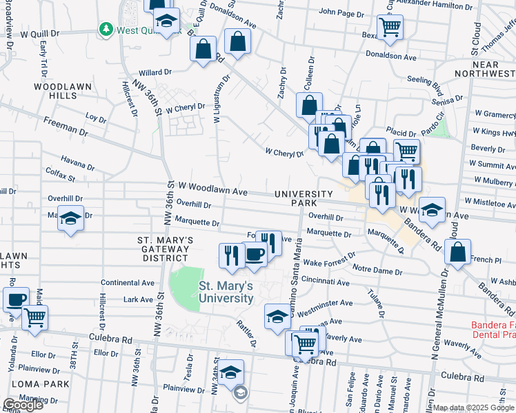 map of restaurants, bars, coffee shops, grocery stores, and more near 351 Overhill Drive in San Antonio