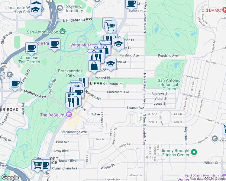 map of restaurants, bars, coffee shops, grocery stores, and more near 214 Milton Street in San Antonio