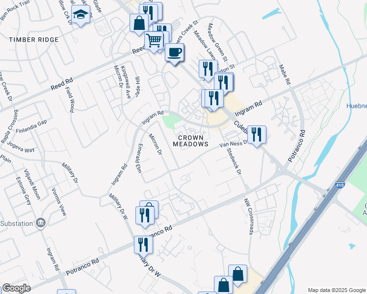 map of restaurants, bars, coffee shops, grocery stores, and more near 7831 Sunrise Cay in San Antonio
