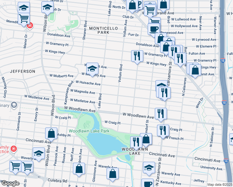map of restaurants, bars, coffee shops, grocery stores, and more near 2003 West Magnolia Avenue in San Antonio