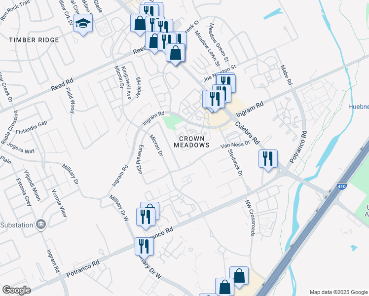 map of restaurants, bars, coffee shops, grocery stores, and more near 7831 Sunrise Cay in San Antonio