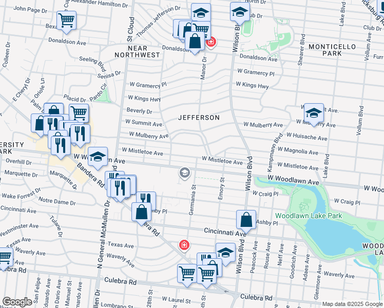 map of restaurants, bars, coffee shops, grocery stores, and more near 2623 W Mistletoe Ave in San Antonio