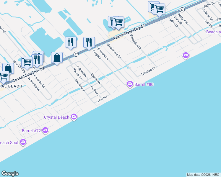 map of restaurants, bars, coffee shops, grocery stores, and more near 2109 Mills in Bolivar Peninsula