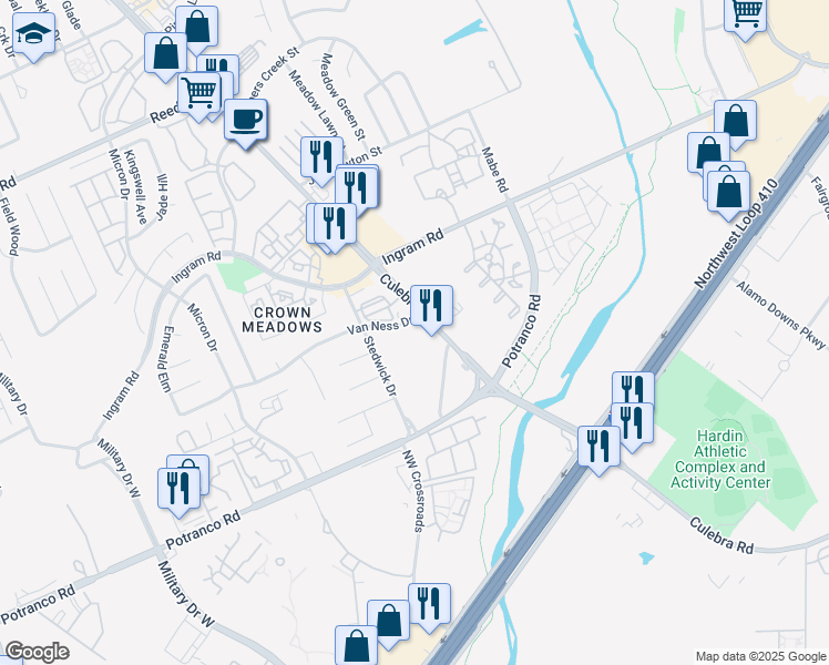 map of restaurants, bars, coffee shops, grocery stores, and more near 7490 Culebra Road in San Antonio