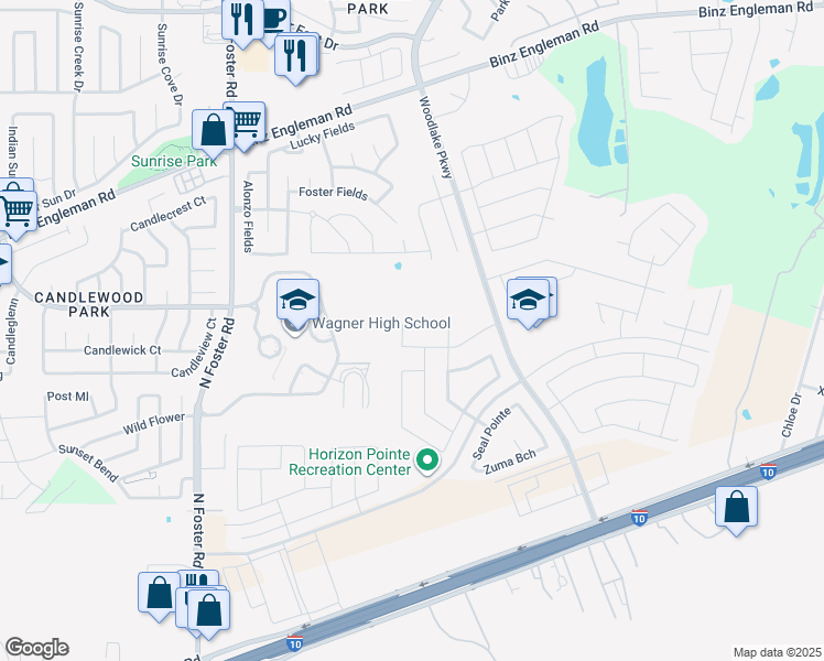 map of restaurants, bars, coffee shops, grocery stores, and more near 6916 Shell Beach in Converse