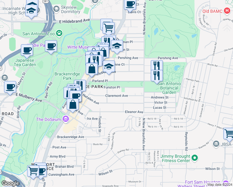 map of restaurants, bars, coffee shops, grocery stores, and more near 229 Claremont Avenue in San Antonio