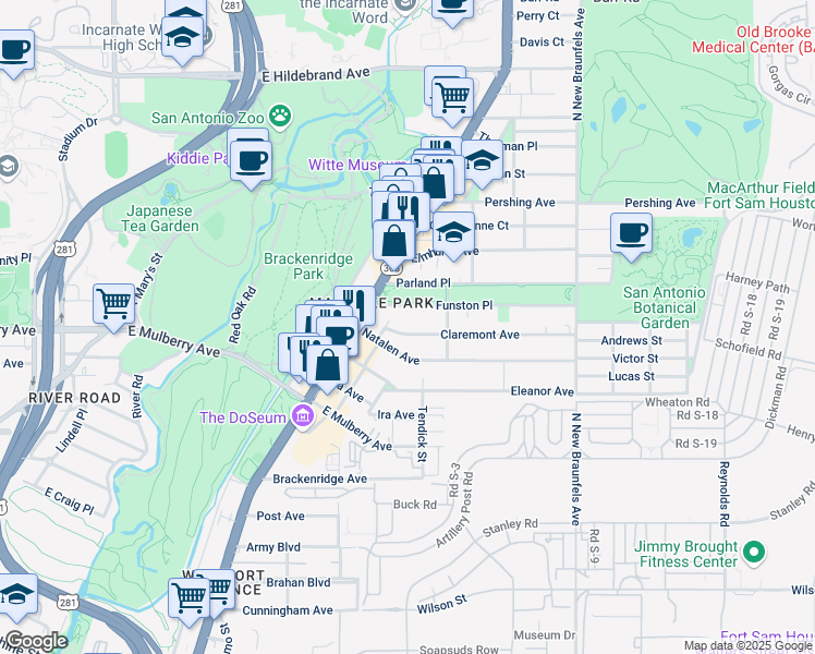 map of restaurants, bars, coffee shops, grocery stores, and more near 119 Claremont Avenue in San Antonio