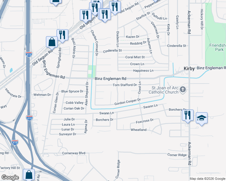 map of restaurants, bars, coffee shops, grocery stores, and more near 2843 Rod Schaffe Street in San Antonio