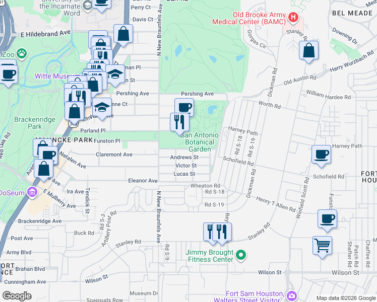 map of restaurants, bars, coffee shops, grocery stores, and more near 216 Pinckney Street in San Antonio