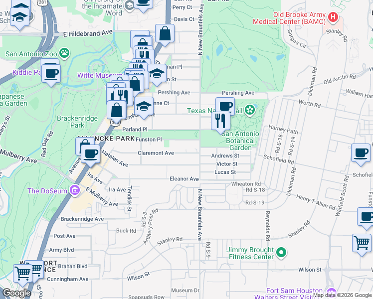 map of restaurants, bars, coffee shops, grocery stores, and more near 355 Claremont Avenue in San Antonio