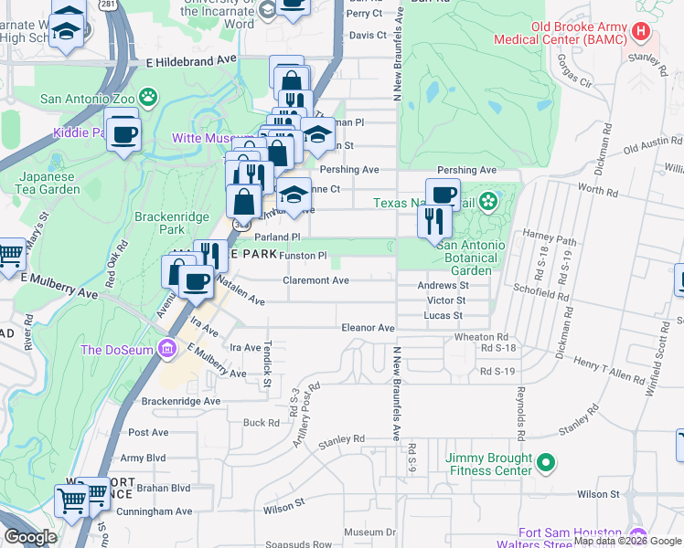 map of restaurants, bars, coffee shops, grocery stores, and more near 321 Claremont Avenue in San Antonio