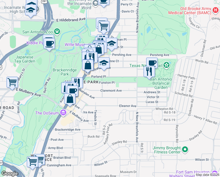 map of restaurants, bars, coffee shops, grocery stores, and more near 229 Claremont Avenue in San Antonio