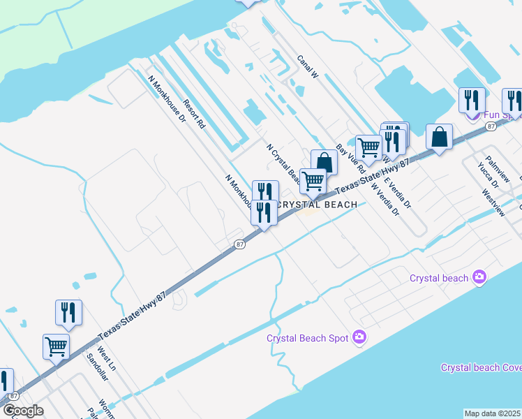 map of restaurants, bars, coffee shops, grocery stores, and more near 1004 South Monkhouse Drive in Bolivar Peninsula