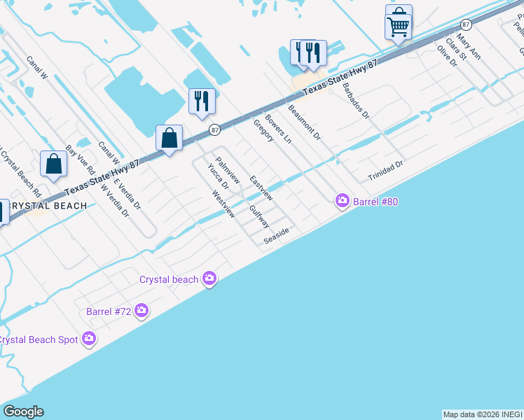 map of restaurants, bars, coffee shops, grocery stores, and more near 2025 Vista Drive in Bolivar Peninsula